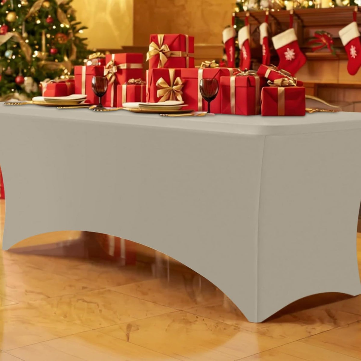 Smiry 2 Pack Spandex Table Cloth 8FT, Elastic Fitted Stretch Tablecloths, Washable and Wrinkle Free Rectangular Patio Table Cover for Outdoor, Wedding, Banquet (Taupe, 96Lx30Wx30H Inch)