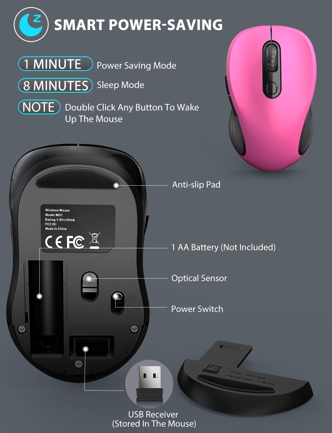 Trueque Wireless Mouse for Laptop, 2.4GHz Ergonomic Computer Mouse with Back & Forward Buttons, 3 Adjustable DPI Levels, 6 Buttons, Optical USB Cordless Mice for Windows MacBook PC (Fuchsia)