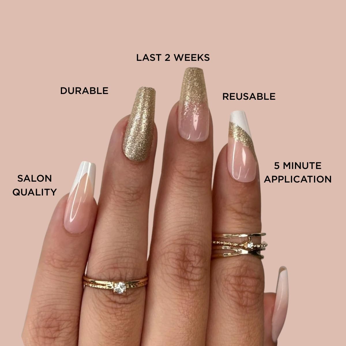 GLAM GODDESS Press-On nails by Lavaa Beauty | White & Gold Design | Glossy Long Coffin Nails