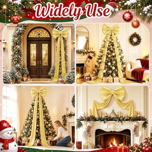 Giant Bow for Christmas Tree Gold Sequin Bows Decor 75 x 23 Inch 3D Oversized Bow Large Sparkly Bows for Christmas with Long Ribbon for Xmas Tree Topper Accent Home Wreath Wall Backdrop Party