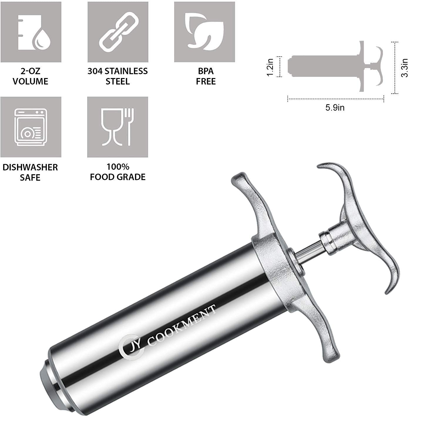 JY COOKMENT Meat Injector Syringe 2-oz Marinade Flavor Barrel 304 Stainless Steel with 3 Professional Needles 2 Cleaning Brushes and 4 Silicone O-Rings