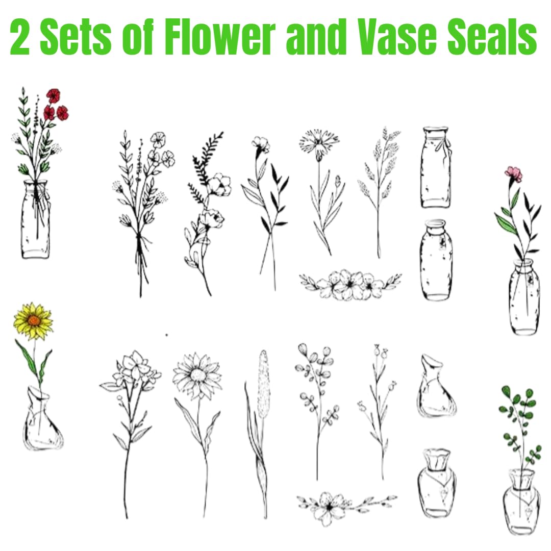 18 Pcs Stamps for Crafting, 2 Styles Plant Rubber Stamps for Crafting, Green and Black Ink Stamps, Wooden Flower