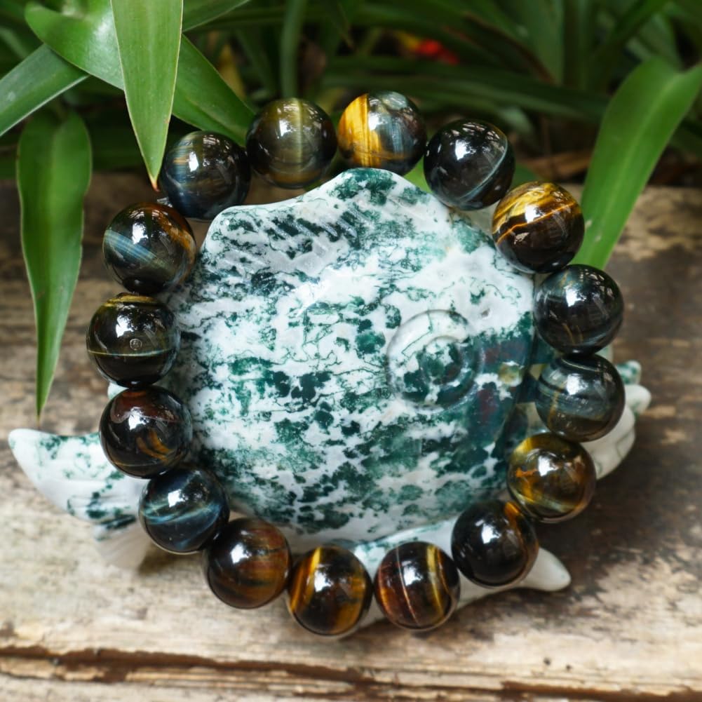 TaHLga 16MM Yellow Blue Tigers Eye Beaded Bracelet for Men | Natural Solar Plexus Chakra Gemstones | Bring Luck Wealth Courage | Protection from Evil | Gift