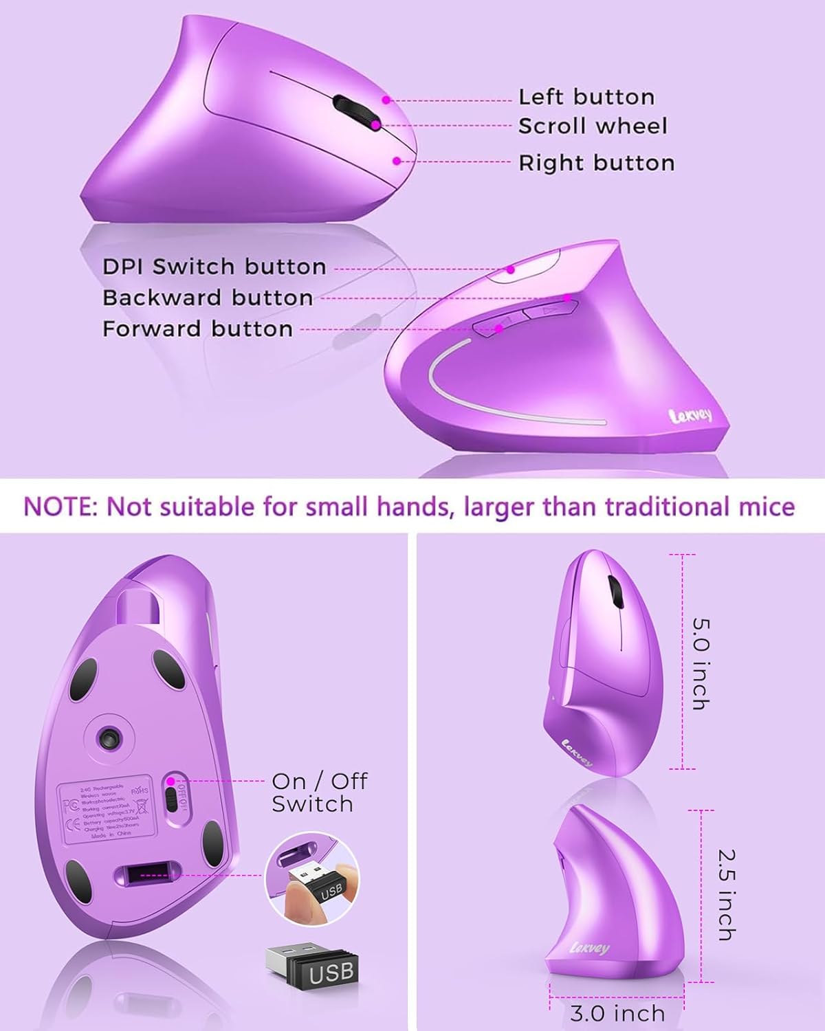 Lekvey Ergonomic Mouse, Wireless Vertical Mouse Rechargeable 2.4 GHz Optical Carpal Tunnel Mice : 800/1200 / 1600 DPI, 6 Buttons, for Laptop, PC, Computer, Desktop, Notebook etc, Purple