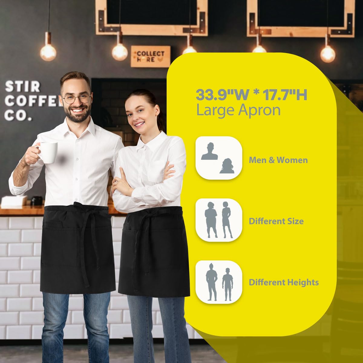 ROTANET Server Apron 2 Pack Black with 3 Pockets 18 Inch Long Waiter Waitress Bistro Half Waist Aprons for Women Men Waterproof