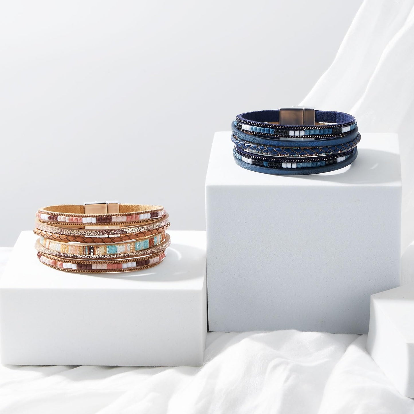 QIUTIMIY Leather Bracelets for Women Trendy Boho Cuff Bracelet Layered Bangle with Clasp Hand Wrist Jewelry Western(Style 1-Navy)