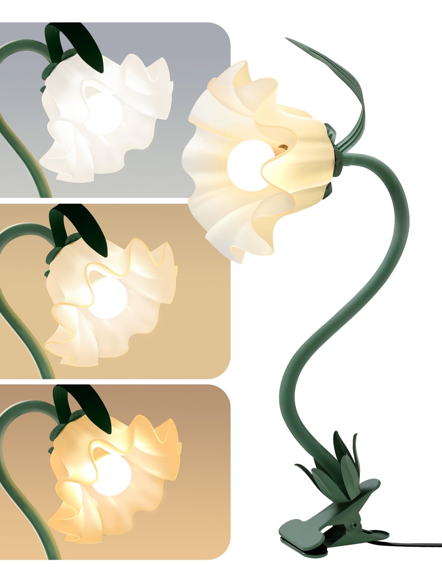 Clip On Light and Bed Headboard Lamp,Valentines Day Gifts for Women,Flower Desk Lamp with 3 Color Modes,USB Power Gooseneck Reading Light,Night Light for Nursery,College Dorm Room Essentials (Green)