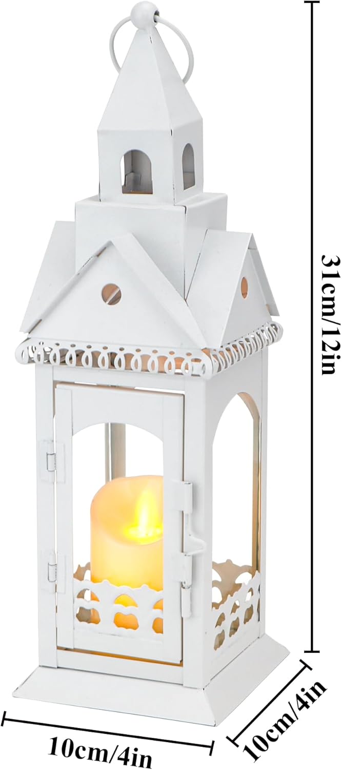 TRIROCKS Rustic Style Metal Candle Lantern 12'' High Decorative Outdoor Lantern Candle Holder with Tempered Glass House Shape for Home Living Room Garden Patio Parties Indoors Outdoors (White)
