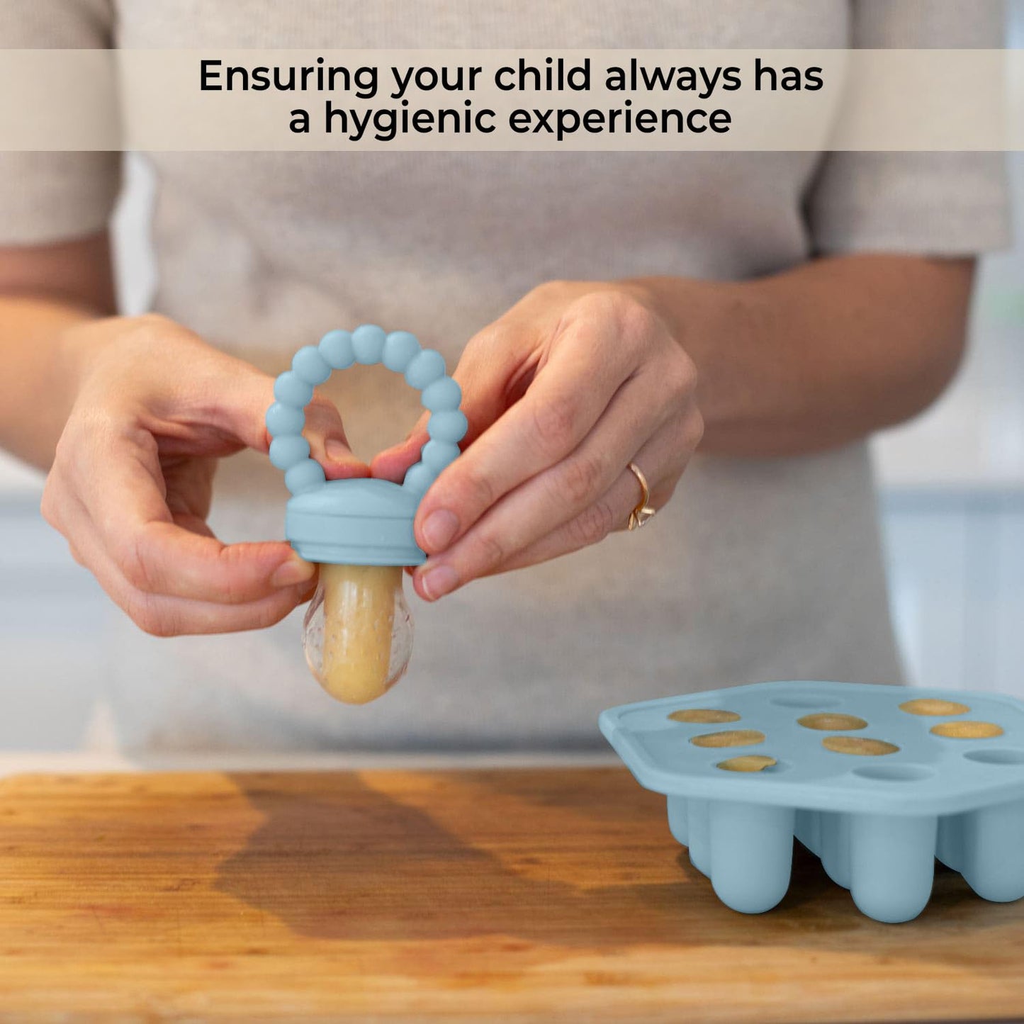 Infant Food Feeder & Silicone Freezer Tray Combo | 2 Size Silicone Baby Fruit Feeders | Weaning Feeder | Teething Relief (Sky)
