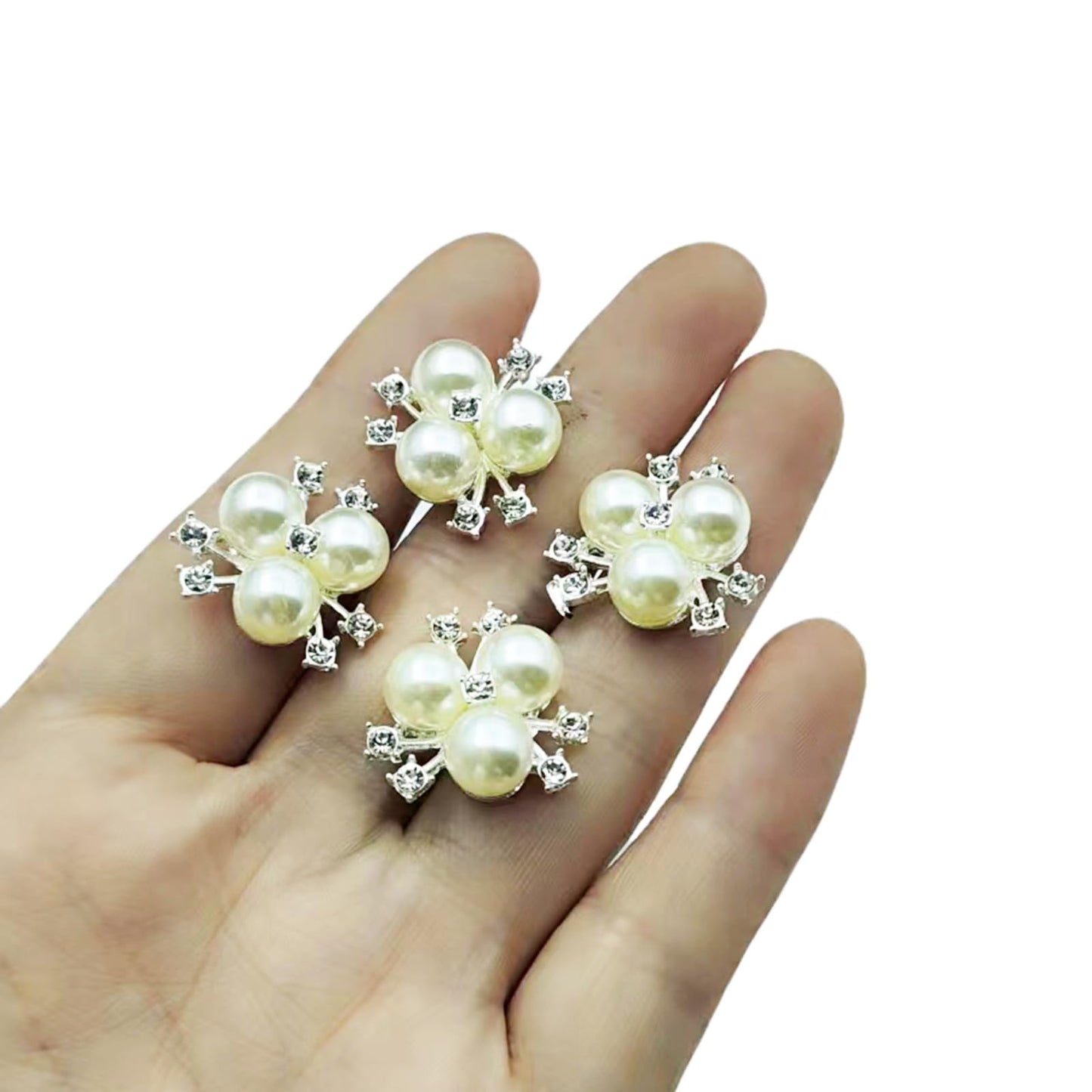 YOOGCORETT 10pcs Pearl Rhinestone Flower Buttons Flat Back Embellishments Sew On Buttons for DIY Craft, Bags Shoes Dress Decoration, 21 x 21mm, Silvery
