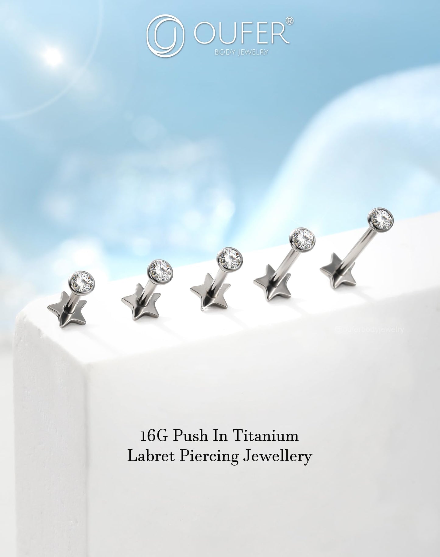 OUFER 2Pcs Tragus Piercing Jewelry, 16G G23 Solid Titanium Threadless Stud Earrings Flat Back Star Shaped 3MM CZ Silver Helix Cartilage Conch Tragus Earrings for Women Men-8MM