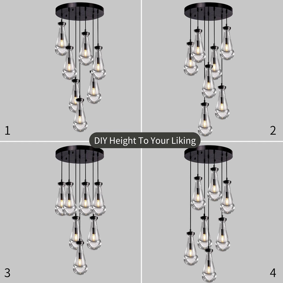 7 Light Raindrop Chandeliers, Bronze Teardrop Cluster Pendant Lights Kitchen Island, Black Dining Room Chandelier Over Table Hanging Pendant Lighting for High Ceiling, Entryway Staircase