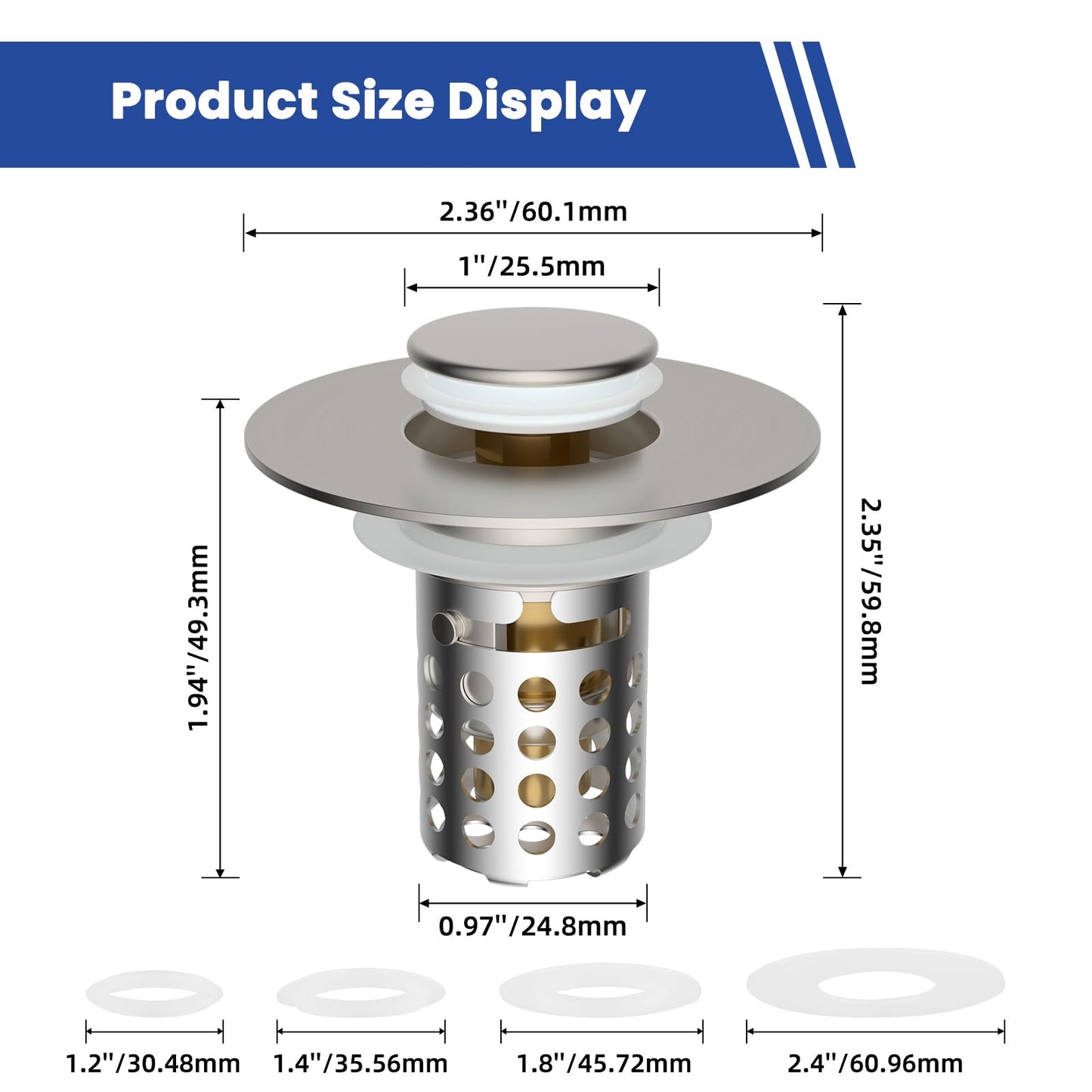 Universal Bathroom Sink Drain Strainer Hair Catcher Upgraded with Removable Stainless Steel Filter Basket, 3 in 1 Pop Up Sink Stopper for 1.1''~2.36'' Sink Basin Hole, Brushed Nickel