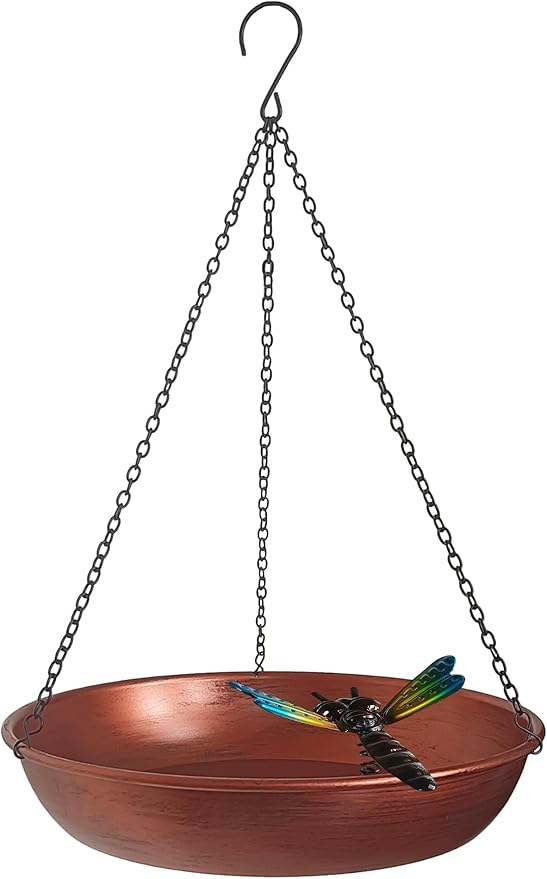Hanging Bird Bath & Feeder Outdoor, 11 in Green/Bronze Metal Birdbath Bowl