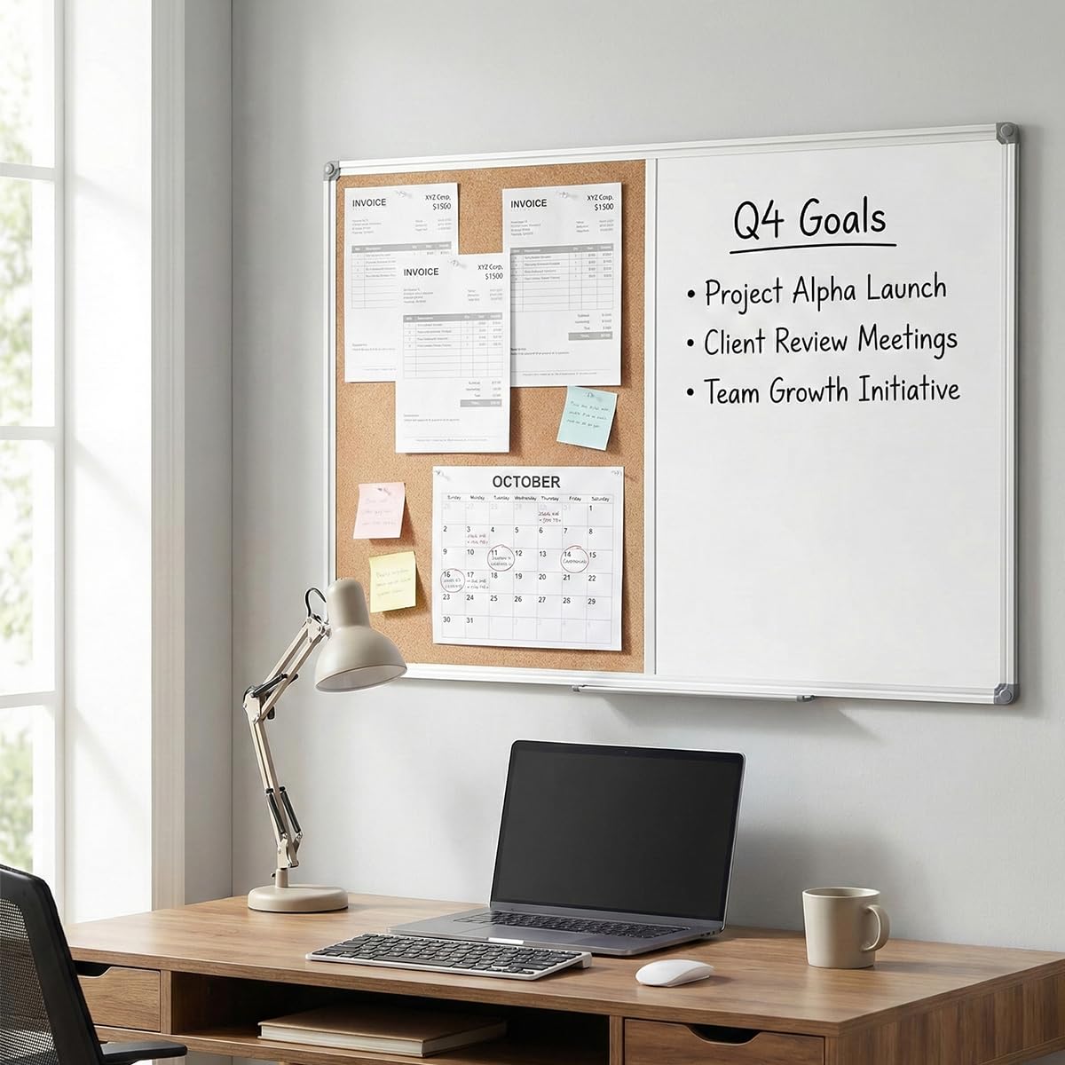 Magnetic Combination Whiteboard & Cork Bulletin Board 48 x 36 Inch - Dual Surface Vision Board for Home Office Organization, Kitchen Meal Planning & School Study - Silver Aluminum Frame