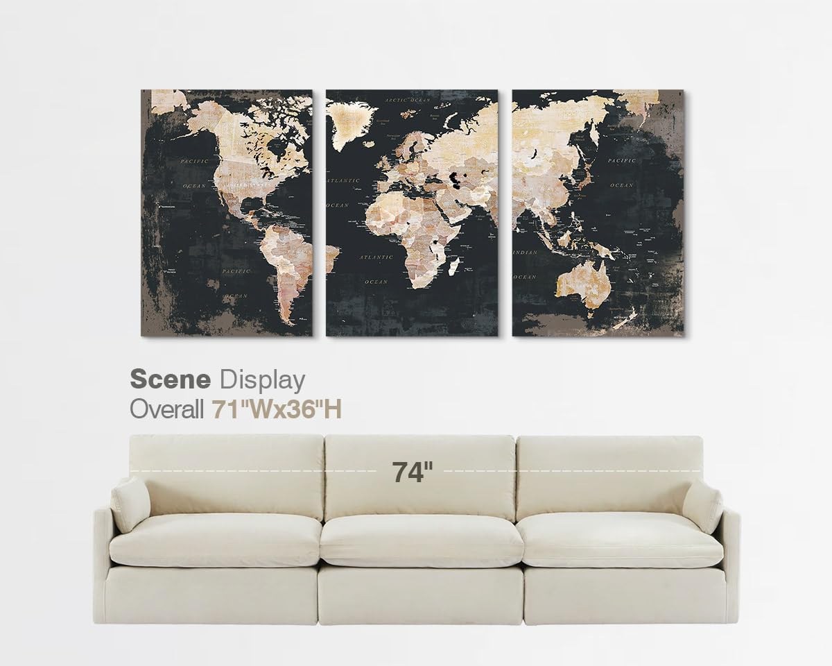 Office Wall Art for Living Room Bedroom Wall Decor Framed World Maps Black White Brown Pictures for Wall Decorations Vintage Decor