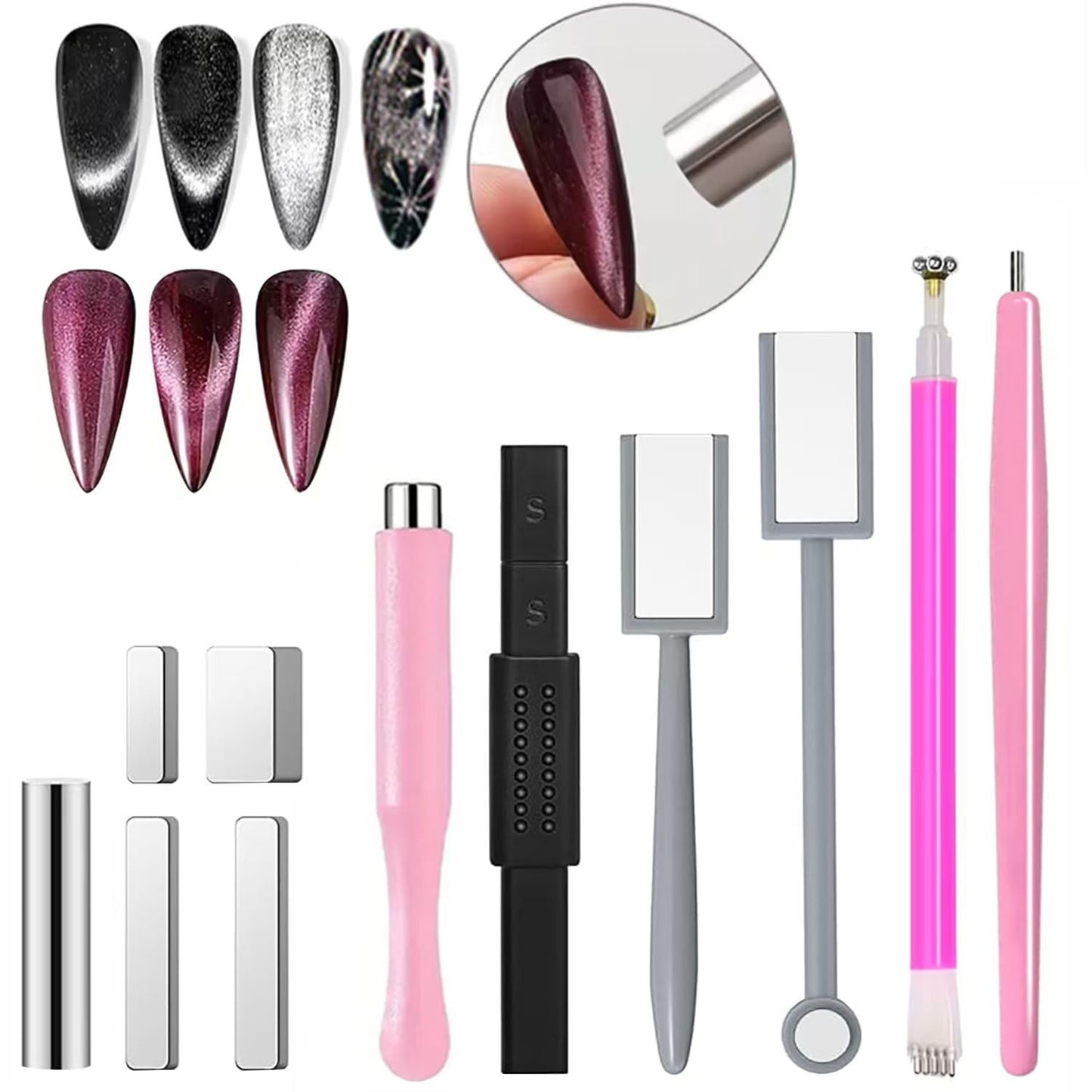 19PCS Cat Eye Nail Magnet Tool Set - Double-Head Magnet Sticks, Heart Shaped Magnets for Cat Eye Gel Nail Polish, Professional Nail Art DIY Accessories for Home Manicure