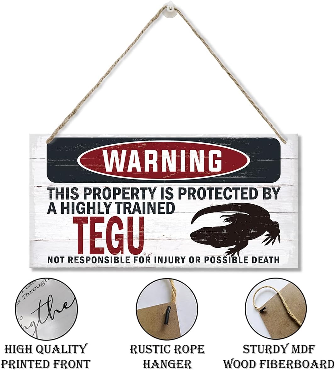 Warning Sign, Tegu Warning Wood Plaque Sign, Funny Door Signs, Decorative Wood Hanging Suspension Plaque, Farmhouse Wooden Wall Decor, Outdoor Hanging Wooden Signs