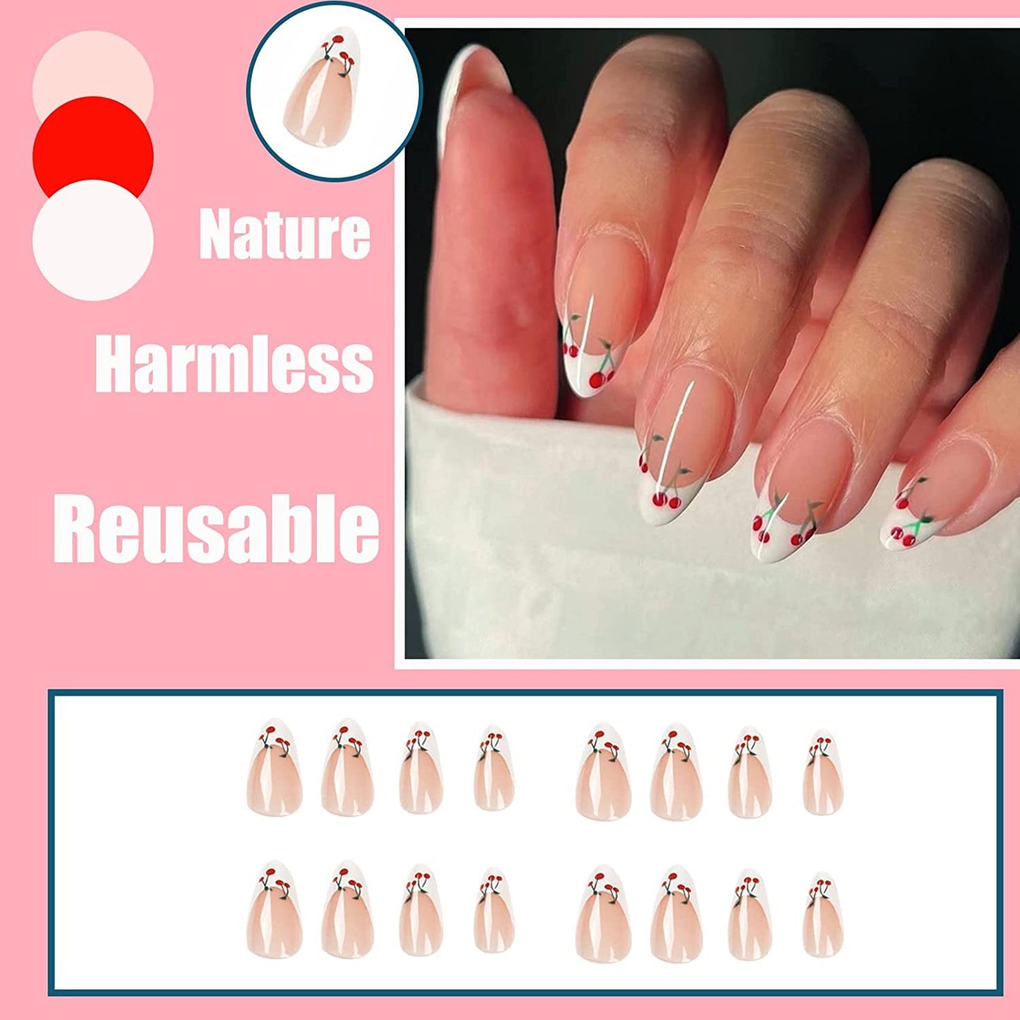Lilly Rose Fake Press On Nails Acrylic French Nail Tips (Almond Style Cherries)