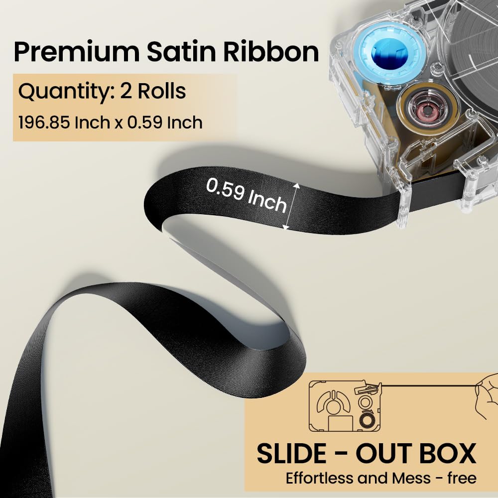 Phomemo A30 P15 Exclusive Embellish Gold Print on Black Satin Ribbon, Fabric Ribbons for Gift Wrapping, Wedding Bouquets, DIY Crafts, Valentine's Day, Party Decor, 12mm x 5m, 2 Packs