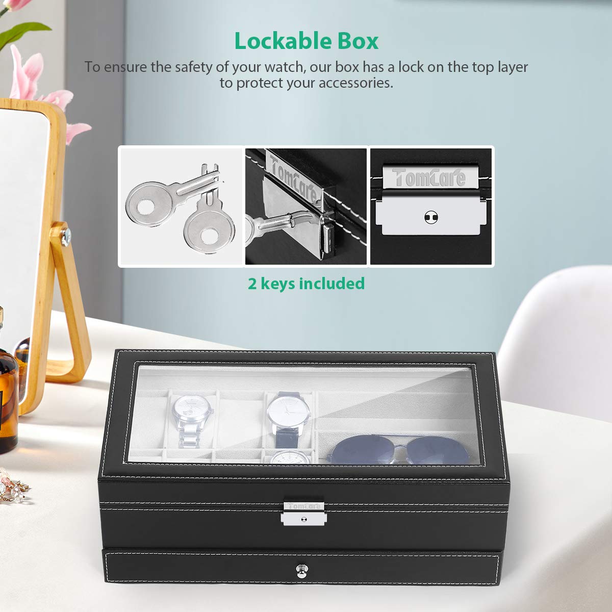 TomCare Watch Box Watch Case Jewelry Organizer Holder Jewelry Display Box Case Sunglasses Storage Organizer Lockable with Glass Top and PU Leather for Men Women, Black
