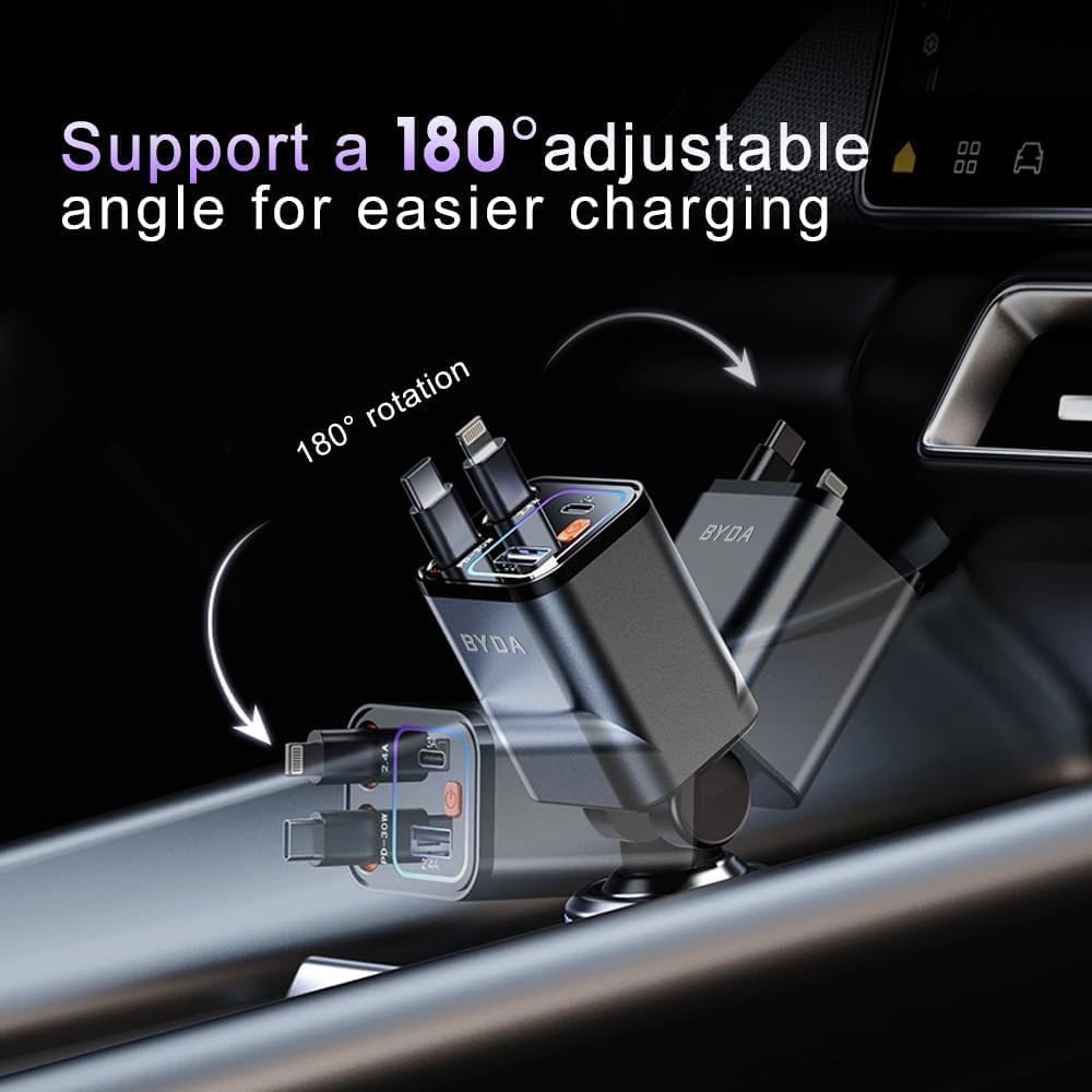 Retractable Car Charger, 4 in 1 Fast Charging USB-C & USB-A Compatible with iPhone 16/15/14/13/12/11 Pro Max, 69W Fast Car-Charger Cigarette Lighter Adapter for Galaxy, Pixel (Light-ning+USB-C) Black