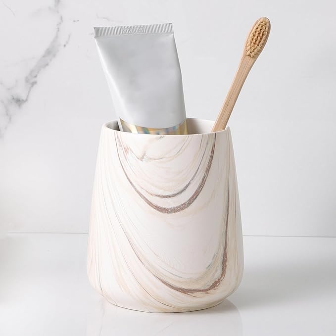 Marble Brown Toothbrush Holder for Bathroom - Ceramic Tooth Brushing Holders, Toothbrush Cup, Toothpaste Organizer for Bathroom Countertop, Makeup Brush Holder, Pen Holder for Home Desktop Storage