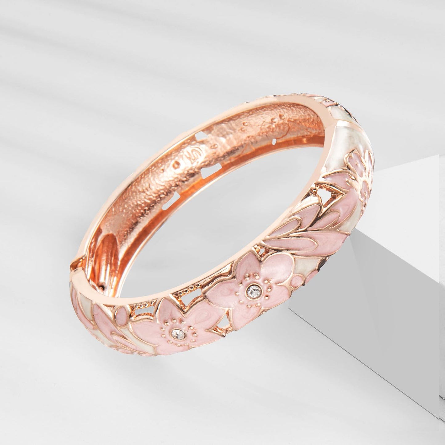 UJOY Colors Handcraft Jewelry Cloisonne Bracelet Enamel Hollowed Flower Bird Spring Hinged Womens Bangles Gifts Box 88A11-55C49 Cream Pink
