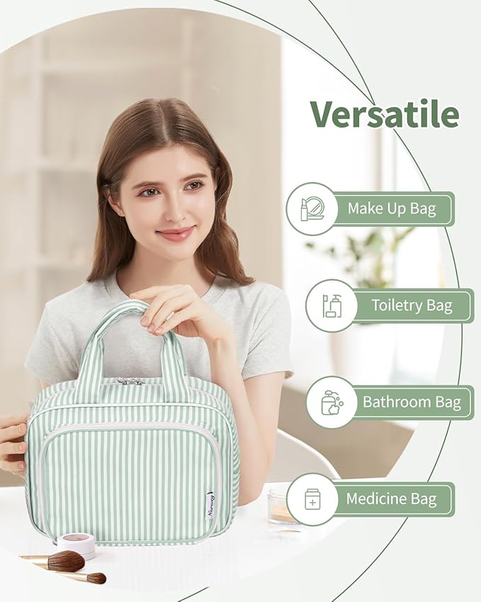 Narwey Large Travel Toiletry Bag for Traveling Women, Cosmetic Makeup Bag Make Up Organizer, Striped Travel Bag for Toiletries with Handle (Mint Green Stripe)