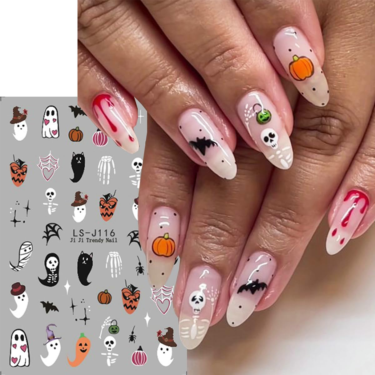 Halloween Nail Stickers for Nail Art, 6 Sheets Halloween Nail Art Stickers Cute Pumpkin Spider Ghost Nail Decals 3D Self-Adhesive Skull Cat Spider Web Nail Designs Charms for Women Manicure Decoration