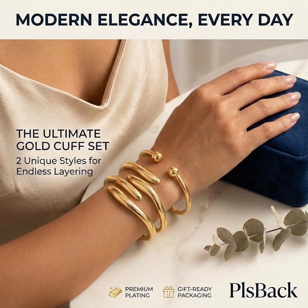 Chunky Gold Bangle Bracelets for Women, 14k Gold Plated Dainty Cuff Stackable Bangles Set, Trendy Bracelet Stack Fashion Jewelry Gifts (06-GOLD)
