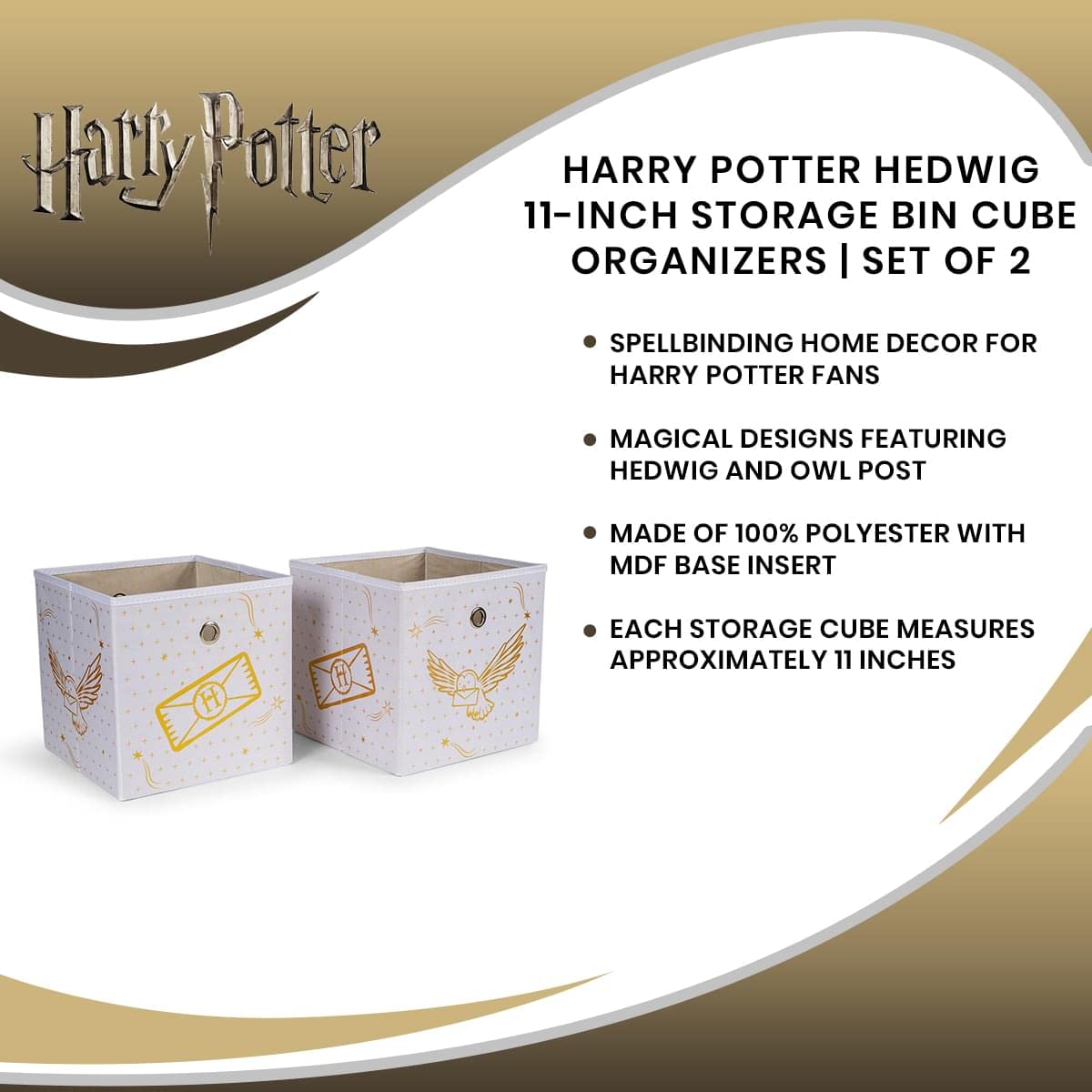 Ukonic Harry Potter Hedwig 11-Inch Storage Bin Cube Organizers, Set of 2 | Fabric Basket Container, Cubby Cube Closet Organizer | Wizarding World Gifts And Collectibles