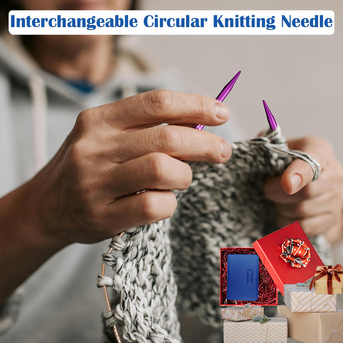 Lewhoo Circular Knitting Needles Set with 4 Cables, 9 Pair Short Aluminum Knitting Needle with Case 3.0~6.0mm Purple