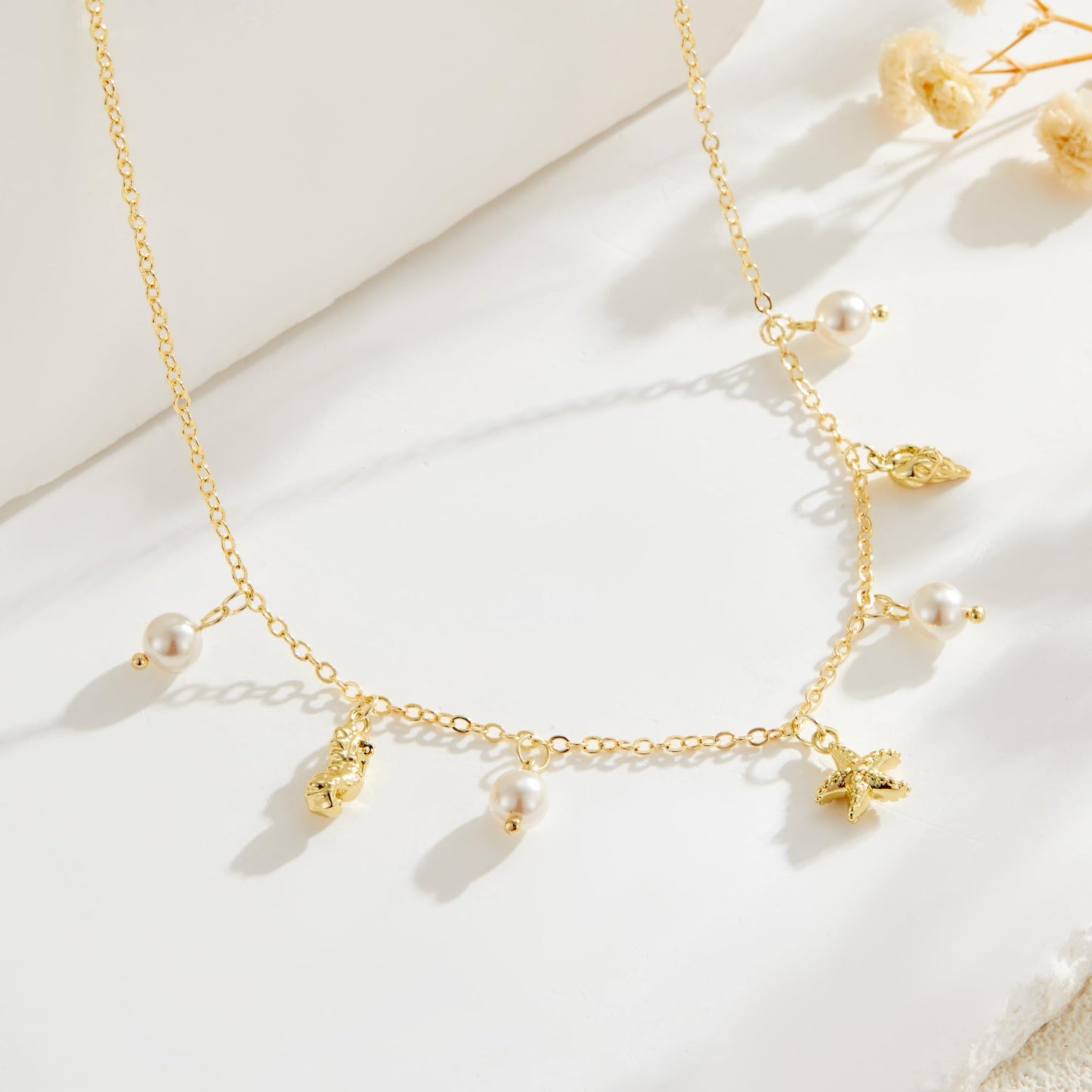 Seashell Starfish Necklace for Women Conch Shell Summer Pearl Beach 14k Gold Layered Dainty Choker (Conch Pearl)