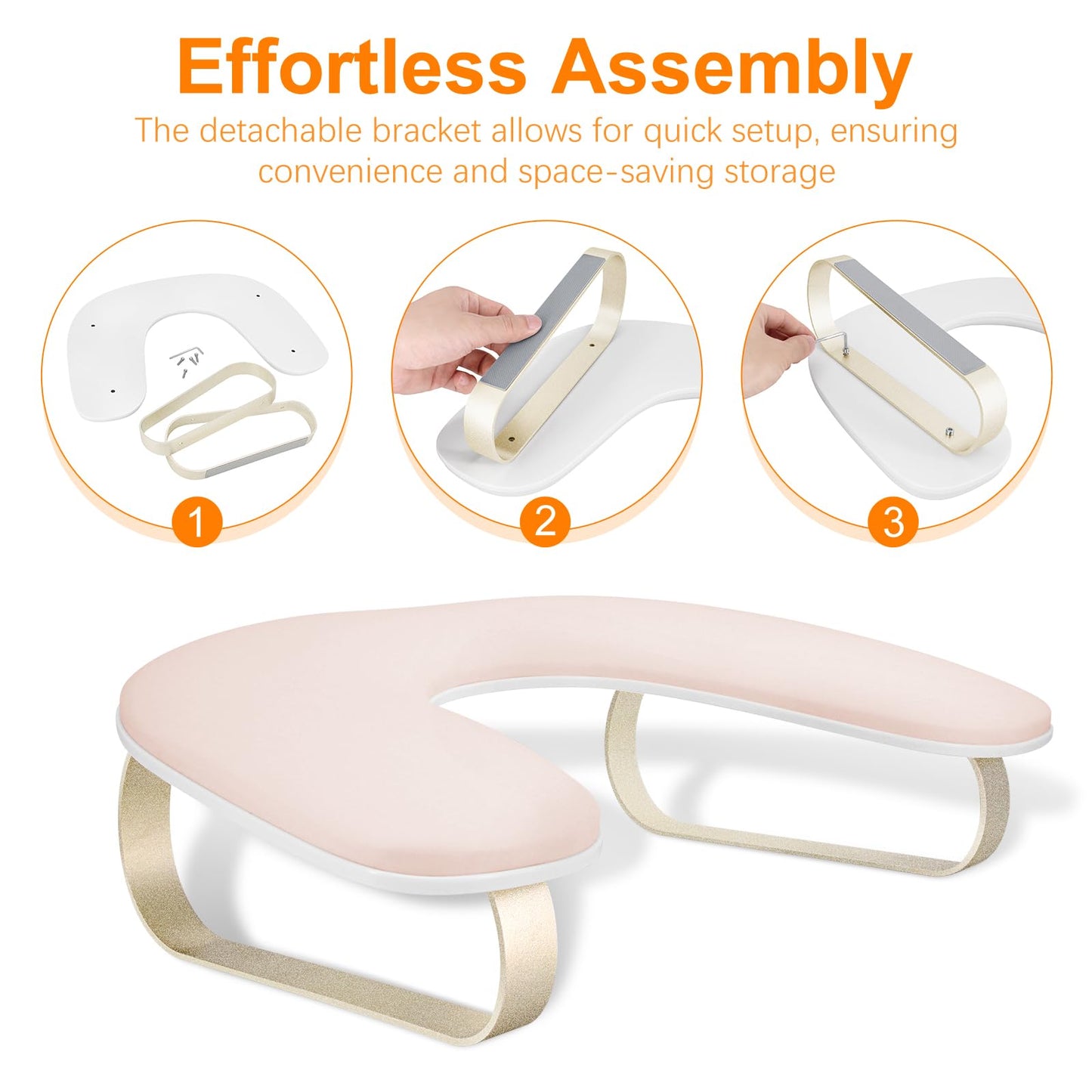 Arm Rest for Nails Tech Upgraded 10° Inclined, U-Shaped Manicure Nail Arm Rest Stand, Pink Nail Armrest for Nail Tech Hand Rests with Gold Aluminum Alloy Holder Non-Slip