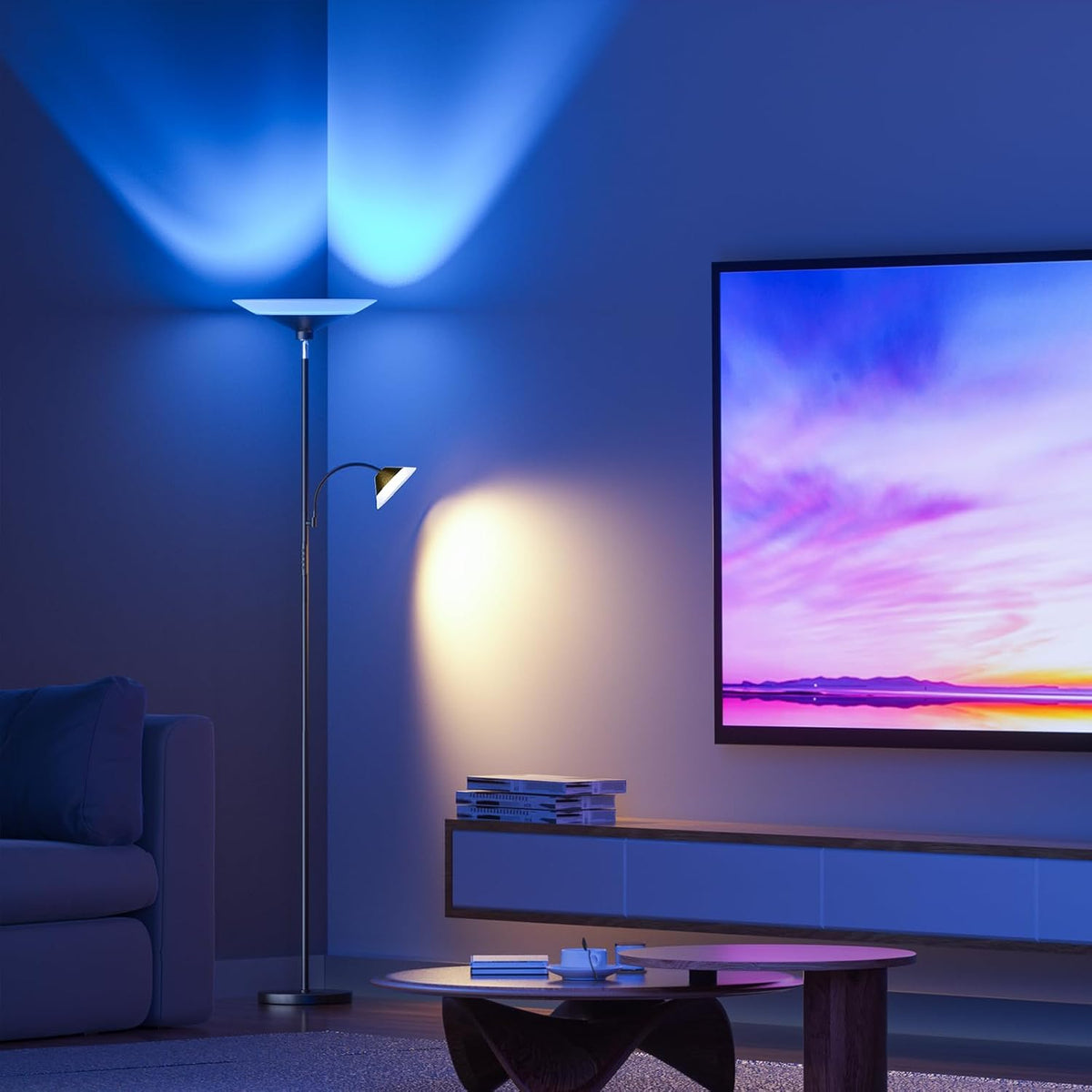 RGB Torchiere Floor Lamp - 2 Way Dimmable LED Standing Lamp with Remote&Button Control, 34W Rotatable Floor Reading Light, 72'' Tall Modern Corner Lamp for Living Room Bedroom Office, Black