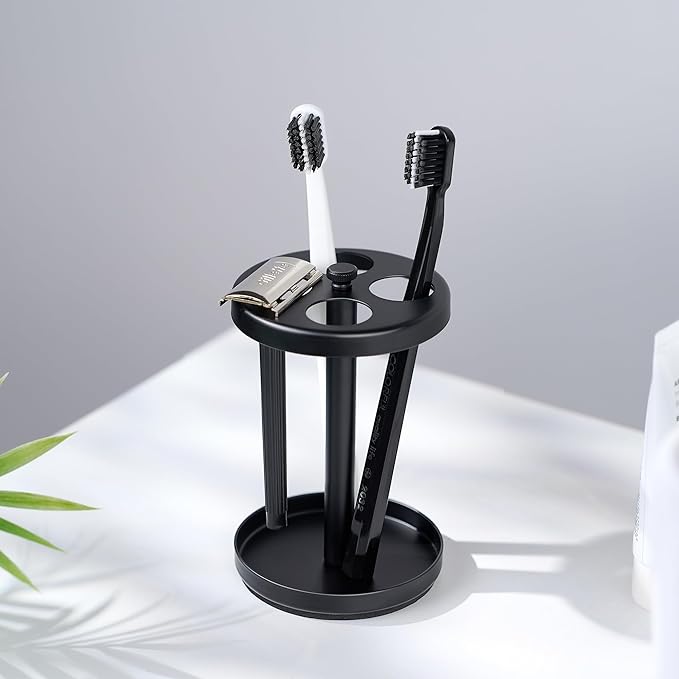 Black Stainless Toothbrush Holder Stand: Rustproof Bathroom Countertop Organizer, 4 Ventilated Slots Hold Manual Toothbrushes, Razor