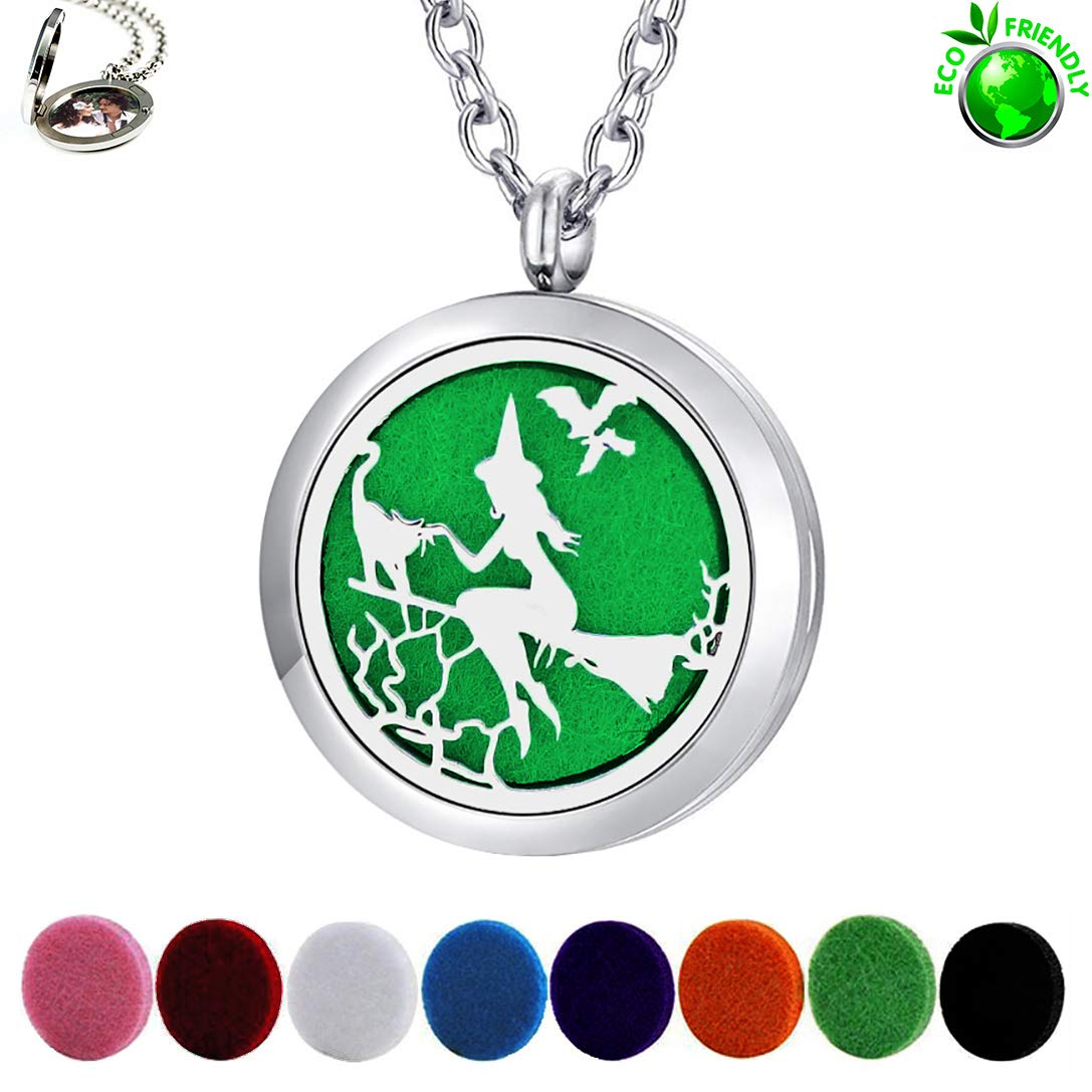 Popeoiuh Essential Oil Diffuser Necklace - Aromatherapy Jewelry Halloween Stainless Steel Magic Witch Locket Pendant with 24 Inches Chain + 8 Washable Refill Pads Birthday