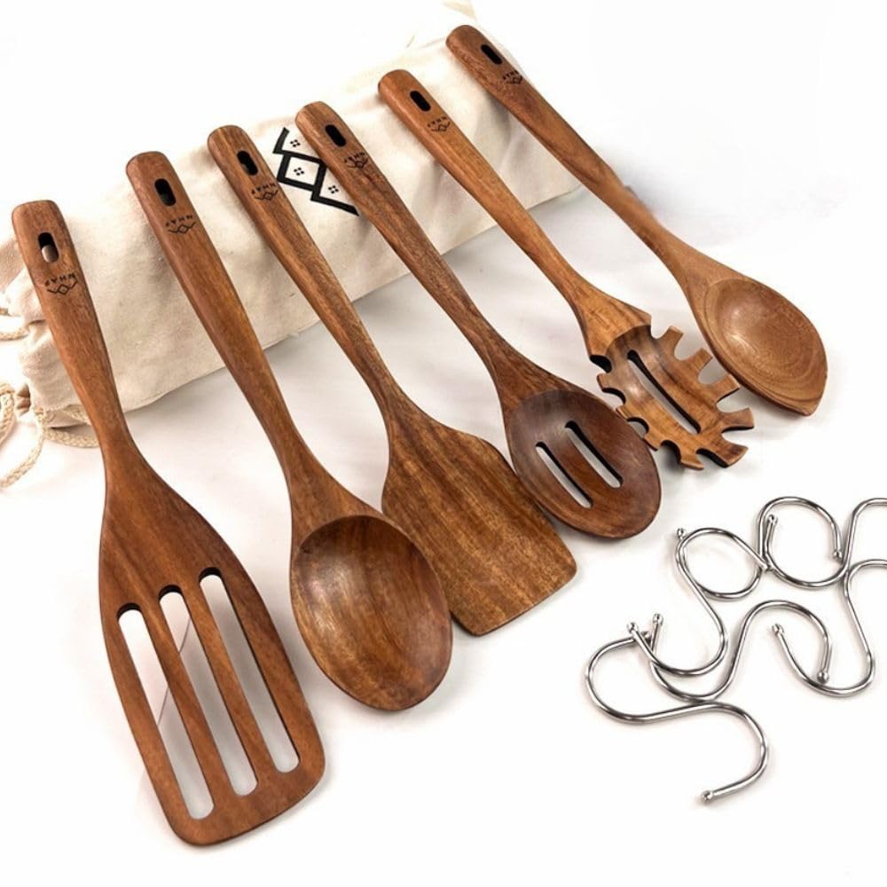 NHAF Wooden Utensils for Cooking, Premium Teak Healthy Spoons, Wooden Spoons for Cooking, Durable Eco-Friendly and Safe Teak Cooking Spoon, Cooking Gifts for Mom (set of 6) and Hooks