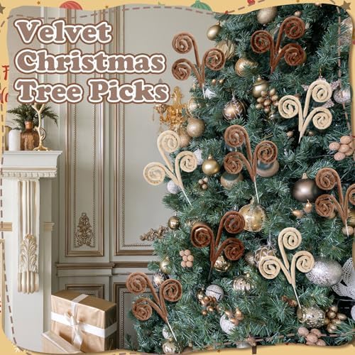 Daifunli 12 Pcs Curly Christmas Tree Picks Velvet Curl Decoration Spiral Curly Tree Topper Ornaments DIY Crafts for Wreath Fireplaces Vase Filler Holiday Ornament, 12 Inch(Milky White, Khaki, Brown)