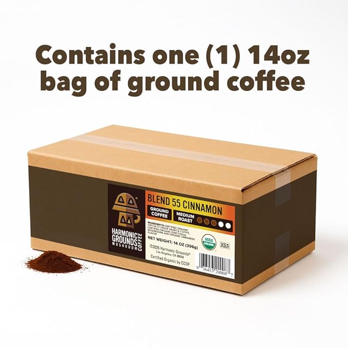 Harmonic Grounds Organic Cinnamon Medium Roast Mushroom Coffee | Organic Ground Coffee with Functional Mushrooms | Lion’s Mane, Reishi, Chaga, Cordyceps, Turkey Tail | Fruiting Body Only | 14 oz Bag