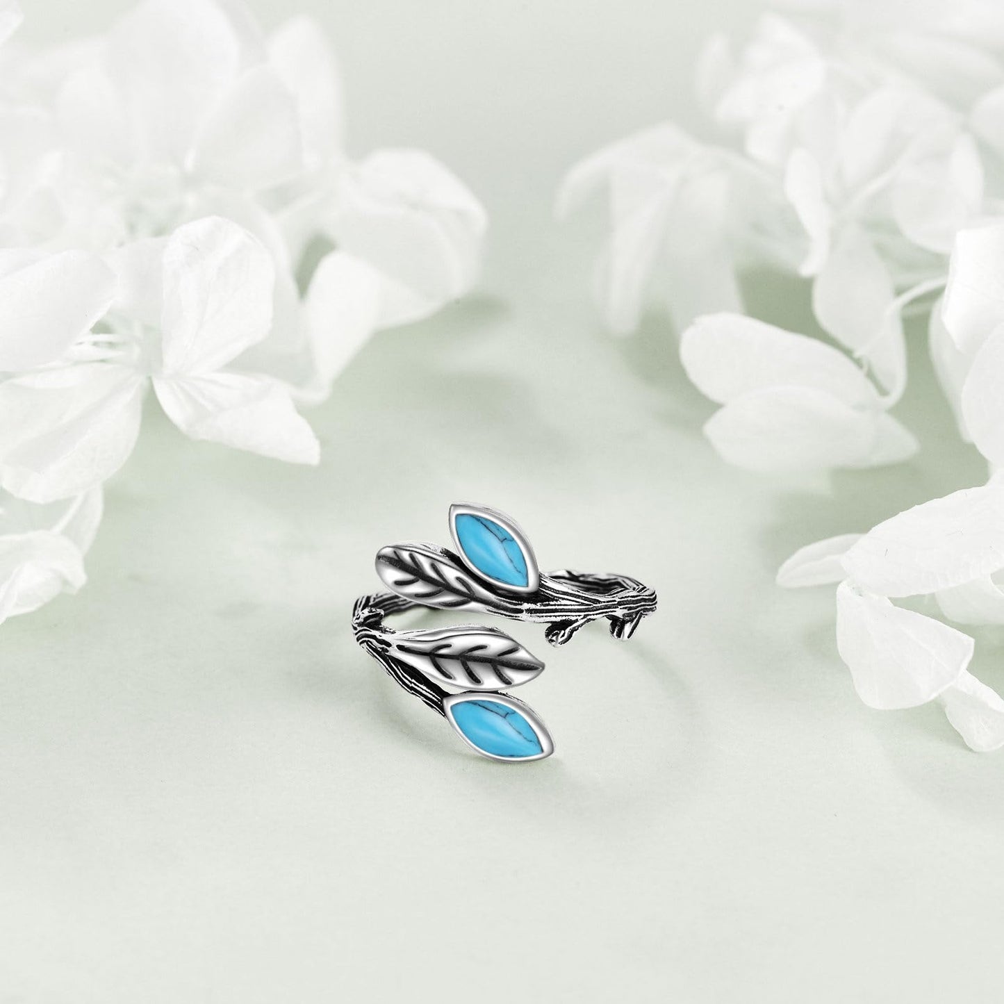 POPLYKE Leaf Turquoise Ring Sterling Silver Boho Adjustable Open Ring Spoon Ring Vintage Thumb Rings for Women