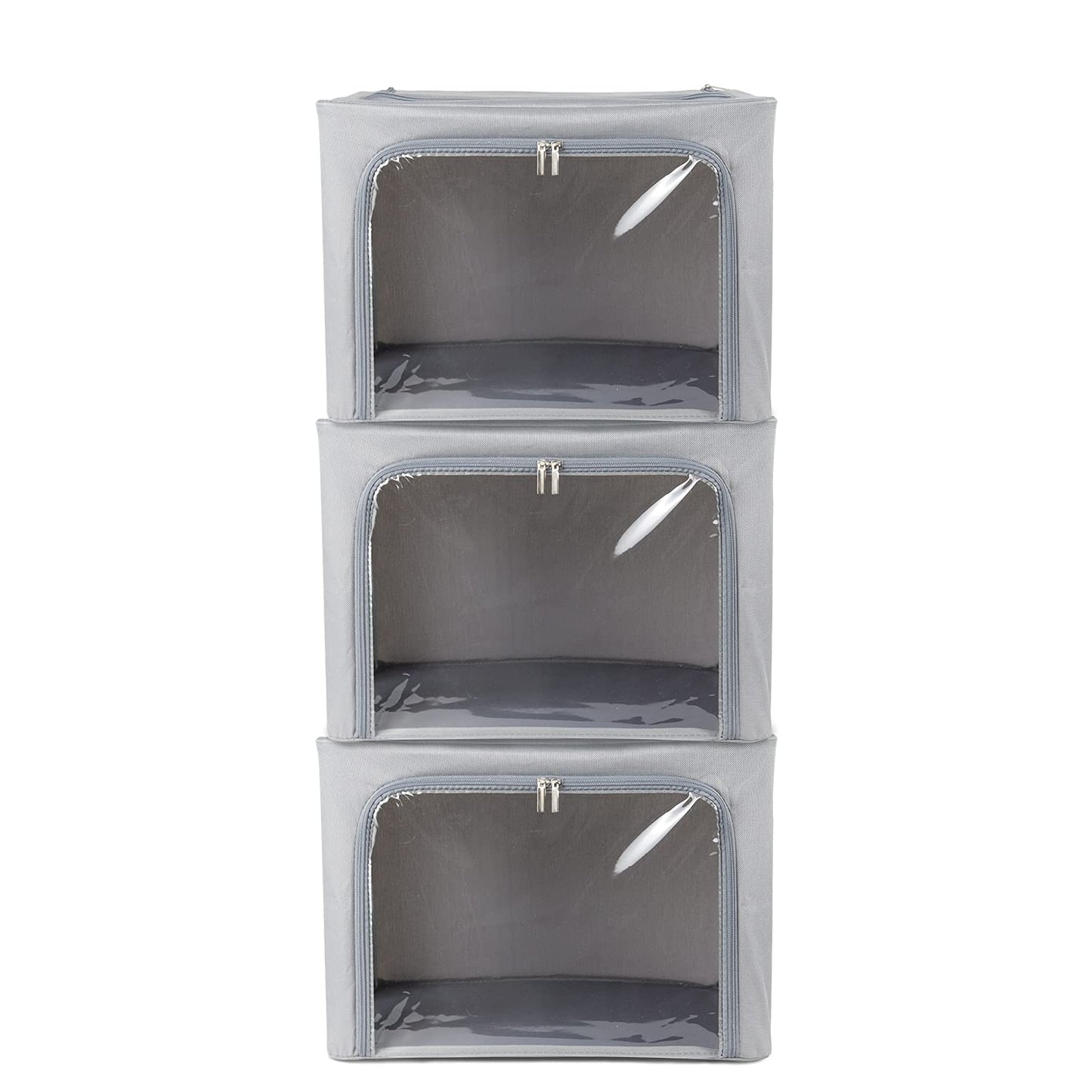 Stackable Clothes Storage Box for Clothing Gadgets,Steel Frame Storage Bins for Toys Gift,Foldable Oxford Fabric Closet Organizer Bag Set w/ Carry Handles Clear Window (Medium- 40L x3 Pack, Grey)