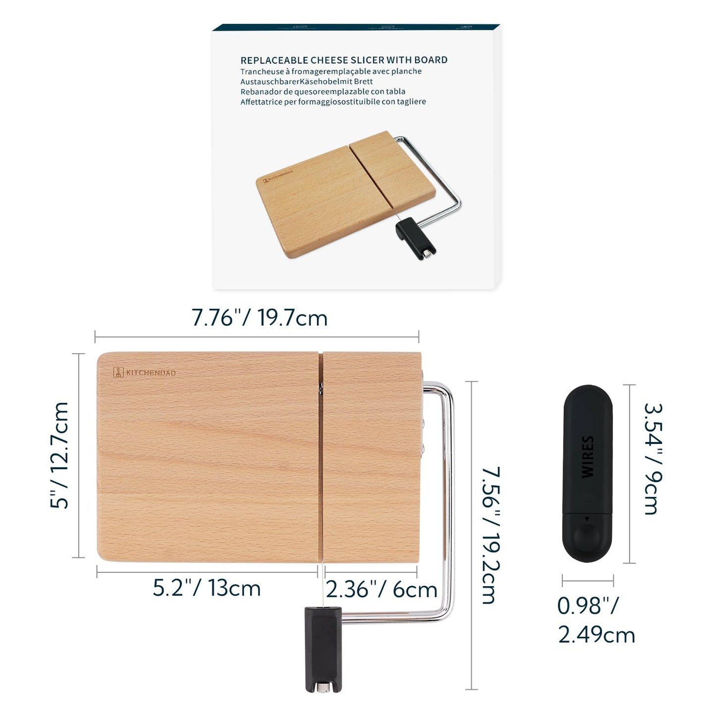KITCHENDAO Replaceable Wire Cheese Slicer with Board, Tightness Adjustable Cheese Slicer, Beech Wood Cheese Cutter for Block Cheese, Easy to Replace, with 2 Extra Upgrade Strong Wires
