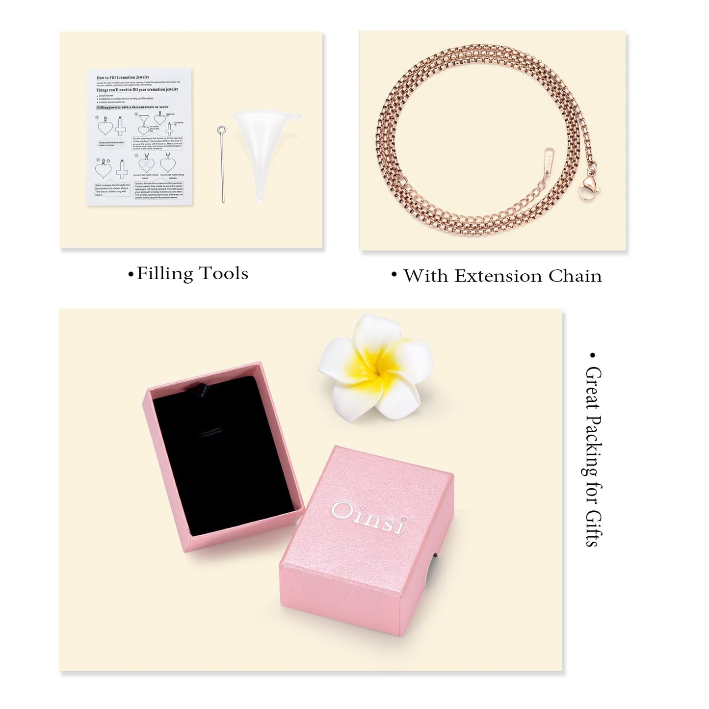 Oinsi Clear Glass Tube Cremation Urn Jewelry Ashes Holder Necklace Keepsake Memorial Pendant Including Box/Fill Kits (Rose gold)