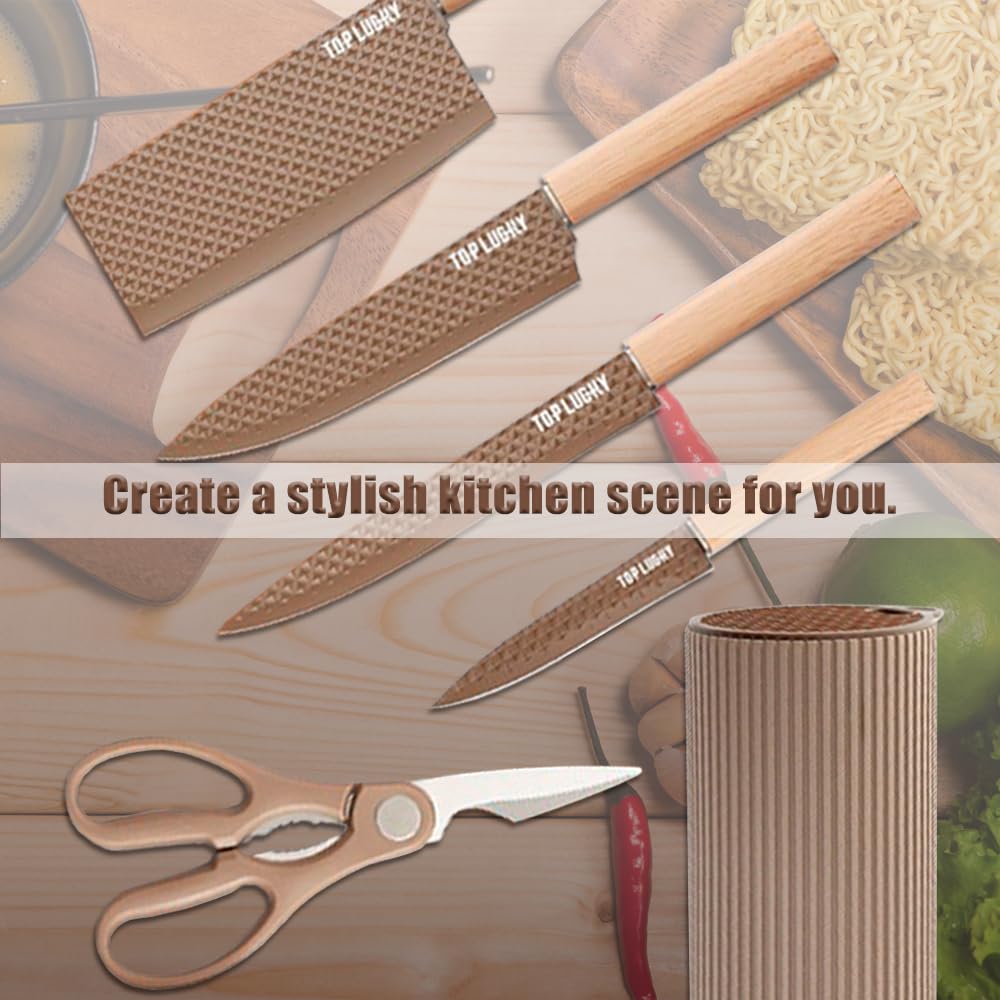 Knife Set, Wiztoynia 6-Piece Coffee Kitchen Knife Set for Home, Anti-Rust Non-stick Stainless Steel Sharp Chef Knife Set with Universal Knife Block for Kitchen, Ergonomical Design (Coffee)