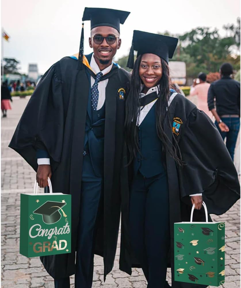 12 Pieces Graduate Gift Bags, Graduation Party Favor Gifts Wrapping Bags for Graduation Season Theme Party Supplies Decoration (Green Gold)