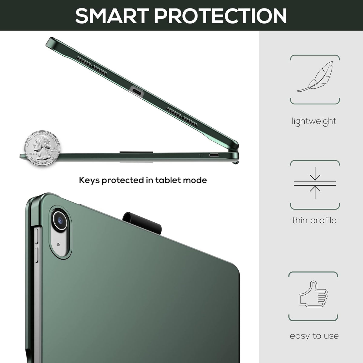 typecase Touch iPad 10th Generation Case with Keyboard (10.9", 2022) and iPad A16 (11th Gen, 2025) – 360° Rotatable, 11-Color Backlit, Multi-Touch Trackpad, Thin & Light (Midnight Green)