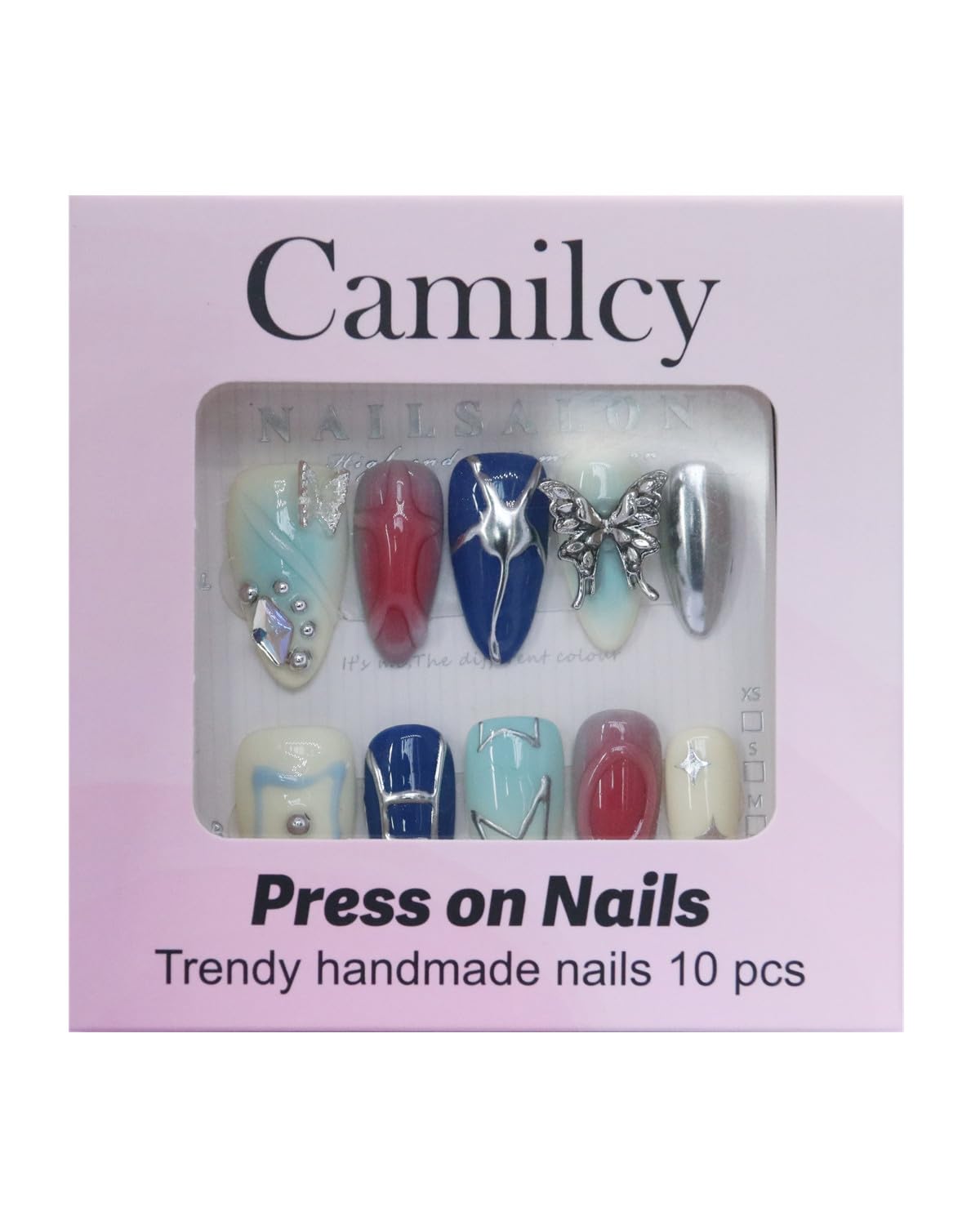 CAMILCY Luxury Handmade Press On Nails Almond Short Blue Silver 3D Butterfly Rhinestone Glossy Fake Nails Reusable Salon Quality Acrylic Nails for Wome 10pcs (A140, S)