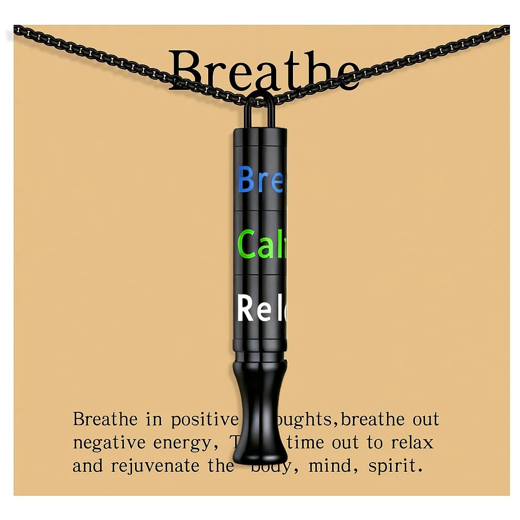 Fidget Necklace with Spinning Calm, Breathe, Relax Charms - Sensory Anxiety Relief & Deep Breathing Aid Stainless Steel Necklaces for Women Men (Black)